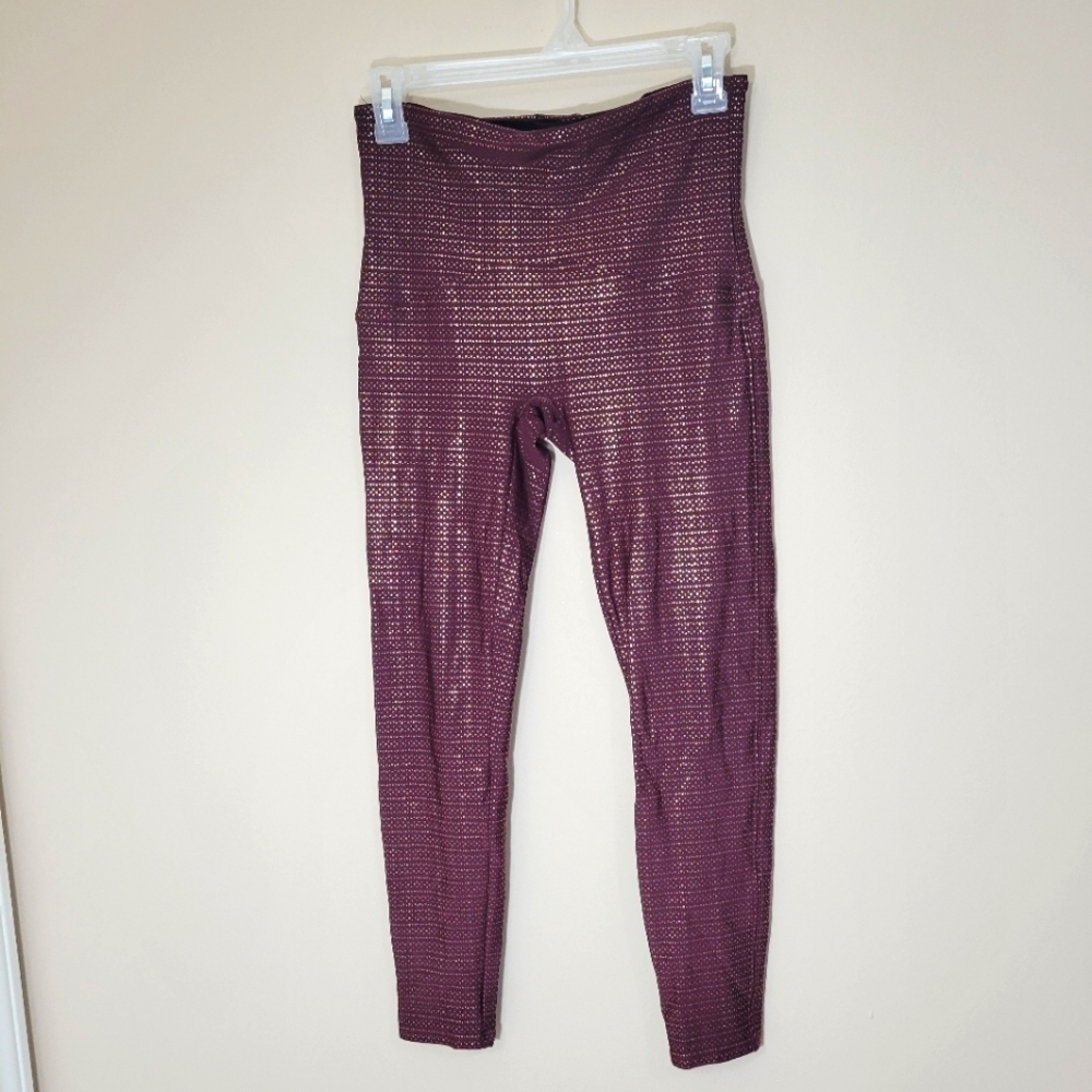 Spanx Metallic Burgundy Wine Gold Dot Print Athleisure Leggings Size M